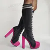 LAIGZEM Frauen Kniehohe Stiefel Plattform Voller Reißverschluss Dicke Heels Stiefel Breite Wadenfreundliche Damen Schuhe Frau Große Größe 41 43, 46 52
