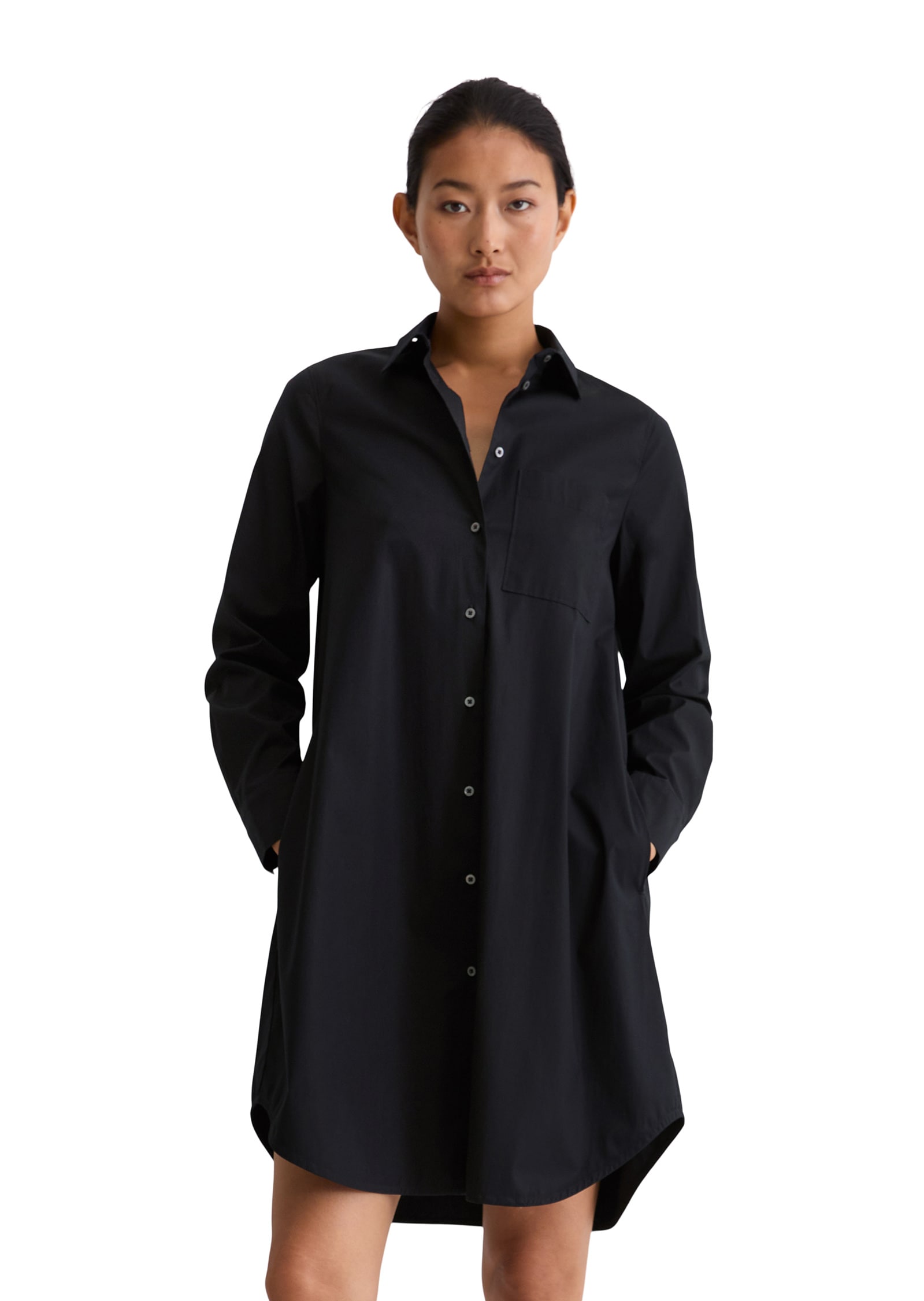 Hemdblusenkleid MARC O'POLO "aus Baumwoll-Stretch", Damen, Gr. 34, Normalgrößen, blau (deep night blau), Obermaterial: 98% Baumwolle, 2% Elasthan; Futter: 100% Nicht verfügbar, unifarben, relaxed fit knielang, Manschette, Kleider Image