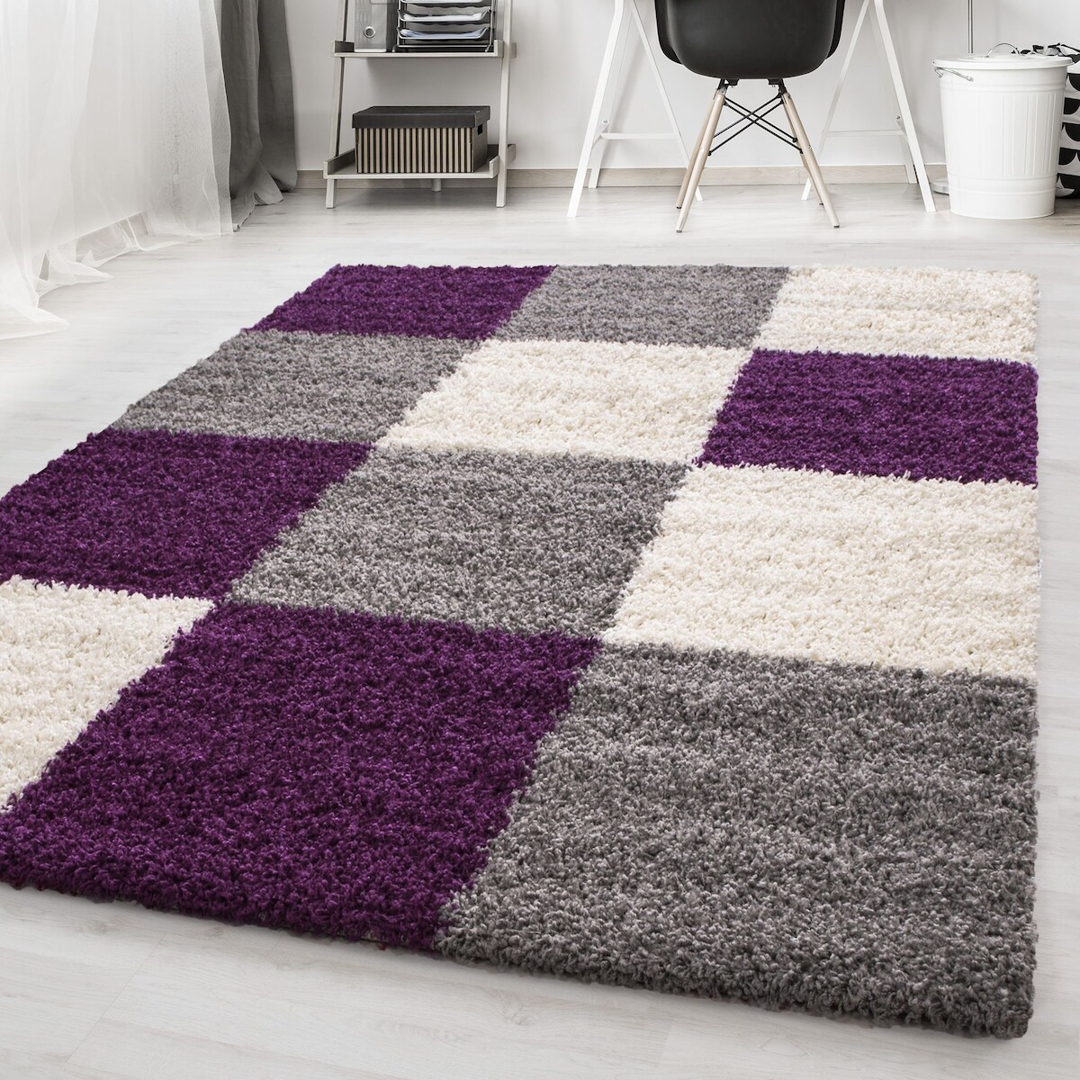 Carpetsale24 Teppich Wohnzimmer Hochflor, Langflor Shaggy Teppich Karo Muster, Pflegeleicht, Violett, 80 x 150 cm Image