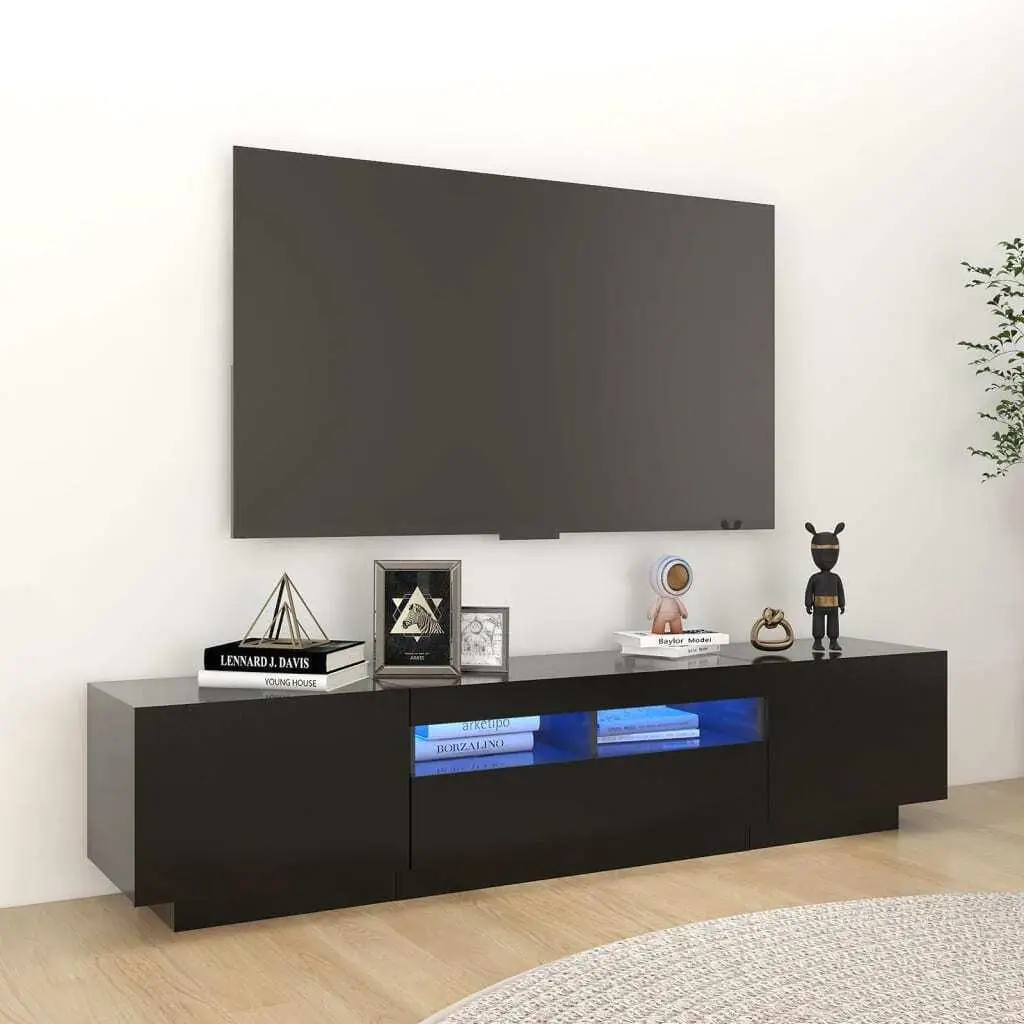Meuble TV LED Noir Design Moderne 180x35x40 cm Meuble de Divertissement Élégant avec Espaces de Rangement