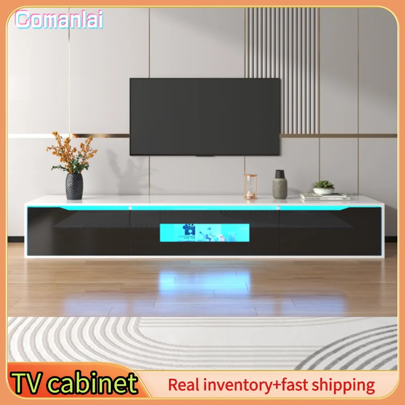 Meuble TV Comanlai, meuble TV haute brillance, couleur assortie avec noir et blanc, avec éclairage LED à couleur changeante.