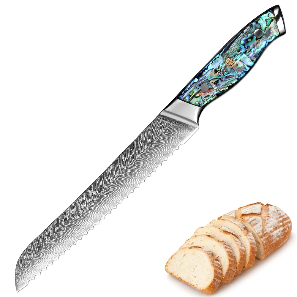 Japanisches Küchenmesser, 20,3 cm, Brotmesser, Damaskus, 67-lagiger Stahl, professionelles gezahntes Brotmesser für Sauerteig, Baguette, Kuchen Image