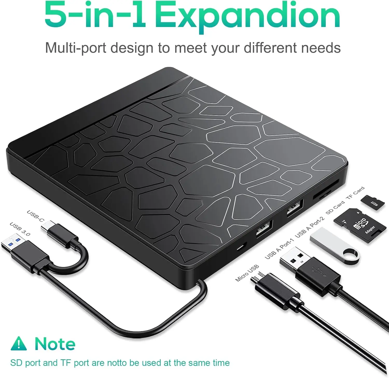 Externes CD-DVD-Laufwerk mit SD-TF-Steckplatz und USB-Anschlüssen, tragbares USB 3.0 Typ-C-CD-DVD +/-RW-Laufwerk, Leser, Brenner, Rewriter für Laptop Image