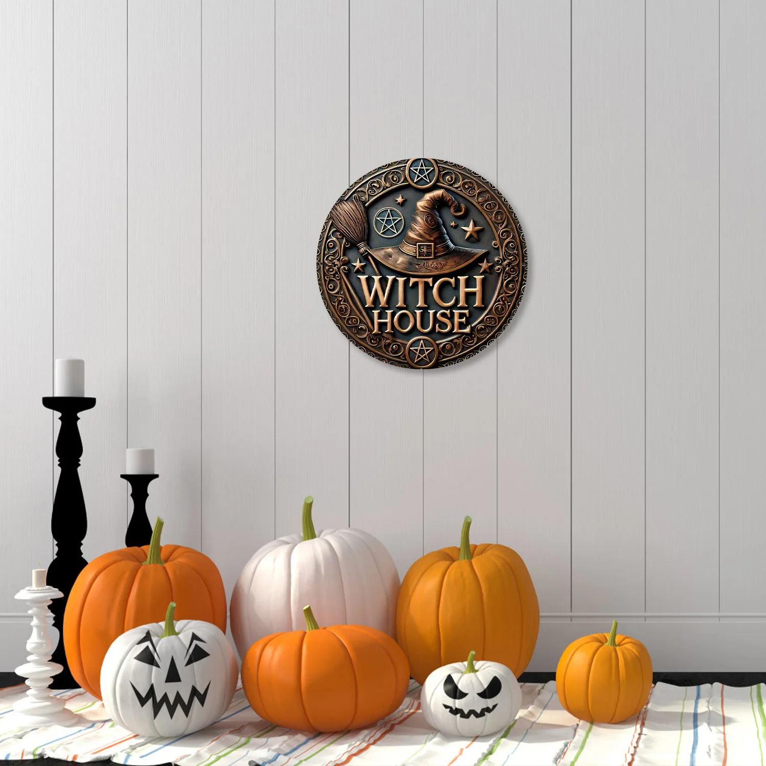 Halloween Türschild Holz Kranz Schild Vintage Hexenhut Horror Kunst Dekoration Herbst Kranz Schild Garten Terrasse Fenster Image