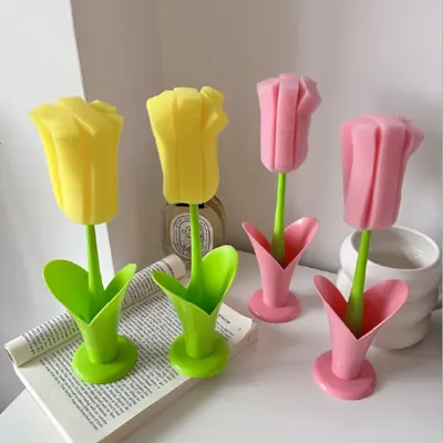 Tulip Cup Brush Household Cleaning Tool Detachable Sponge Long Handle for Water Bottles Mugs Travel Flasks Kitchen Accessories