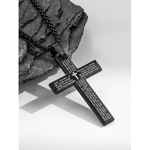Collana con ciondolo a croce in acciaio al titanio da uomo con incisione del Padre Nostro, catena di gioielli religiosi per la fede cristiana, da indossare ogni giorno e come regalo
