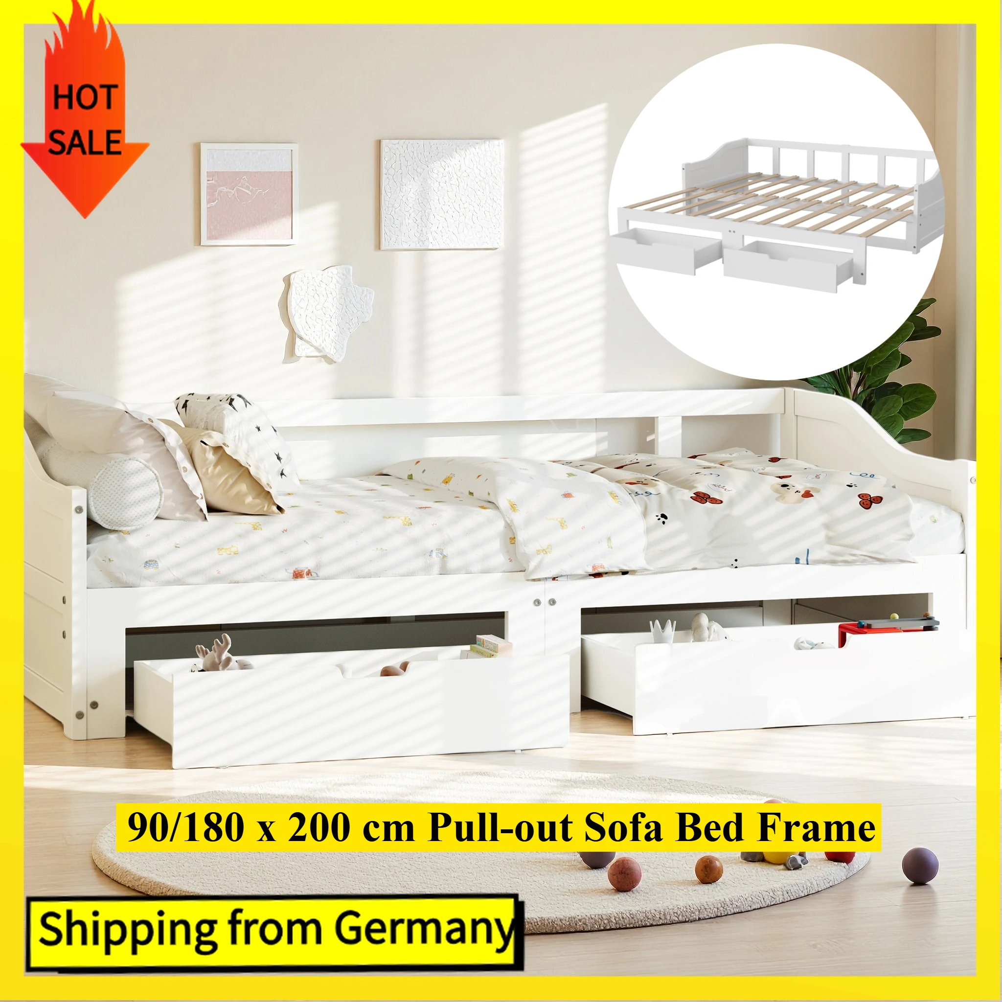 Comanlai Ausziehbares Schlafsofa 90 x 200 cm, Einzelbett mit 2 Schubladen, Doppelbett mit Lattenrost aus Holz, ausziehbarer Bettrahmen, Weiß Image