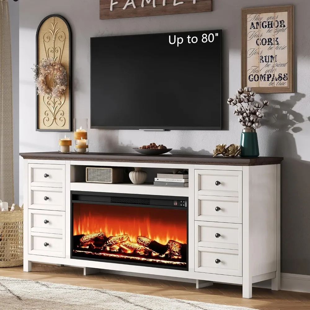 "70" Farmhouse TV Stand with 37" Fireplace for 80" TVs - Dresser TV Stand w/Heater, 4 Drawers, Rustic Entertainment Center for M