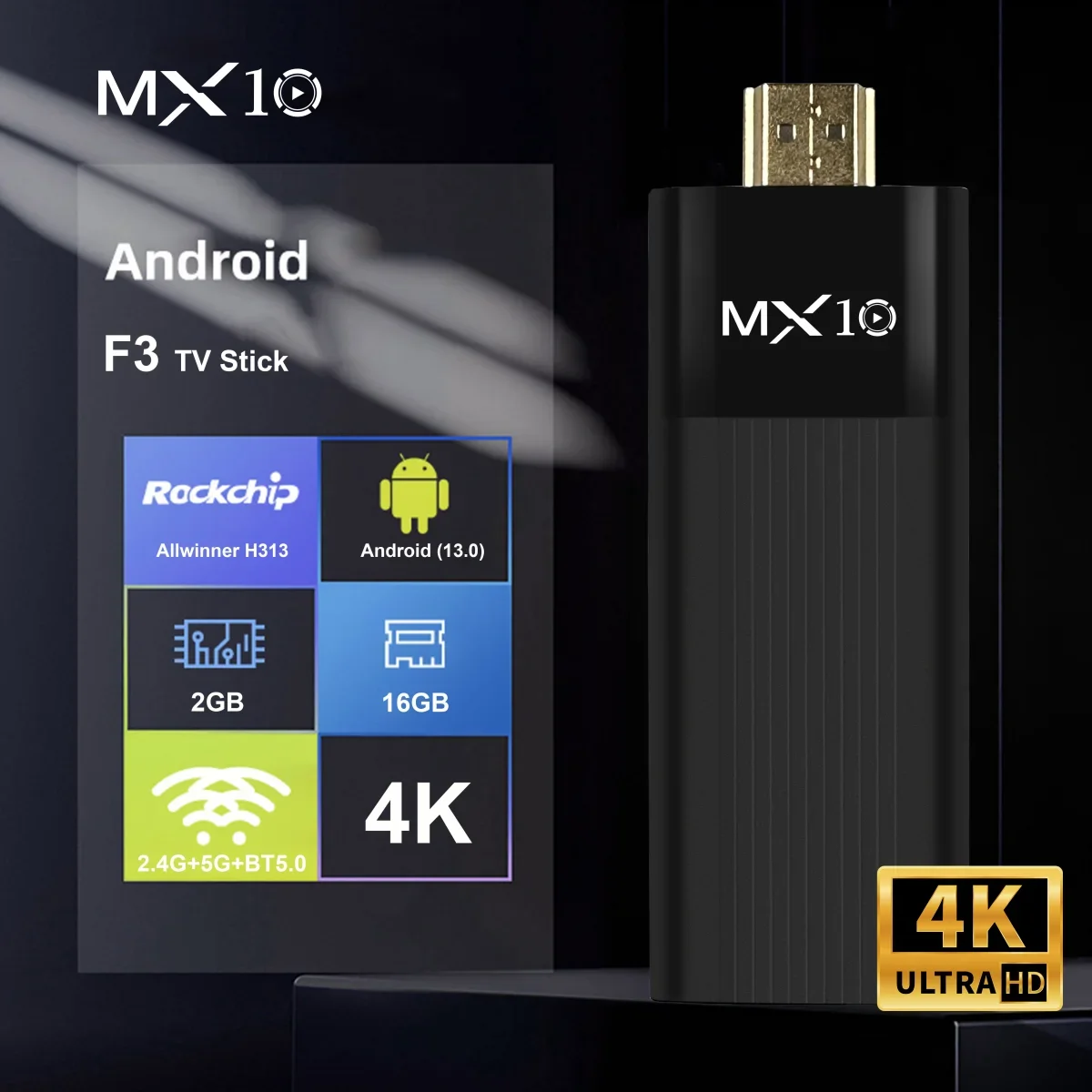Ultra HD 4K Android TV Stick MX10-F3 Stick Mini Home TV Stick H313 Quad Core Supporto 2.4/5G Dual Wifi 2GB RAM 16GB ROM