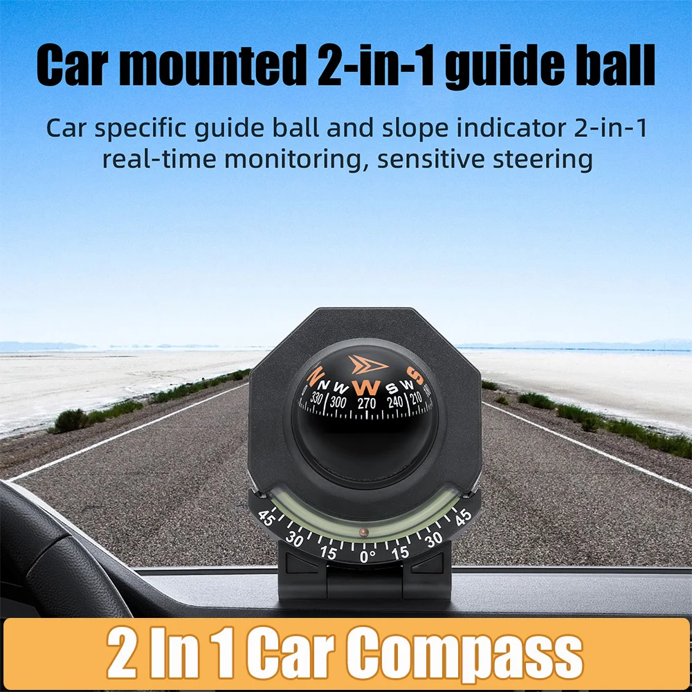 Auto montierter 2-in-1-Führungskugel-Kompass, Neigungsmesser, omnidirektionaler Zeigekompass für Fahrzeuge, Schiffe, Outdoor, Boot, Wohnmobil, Navigation Image