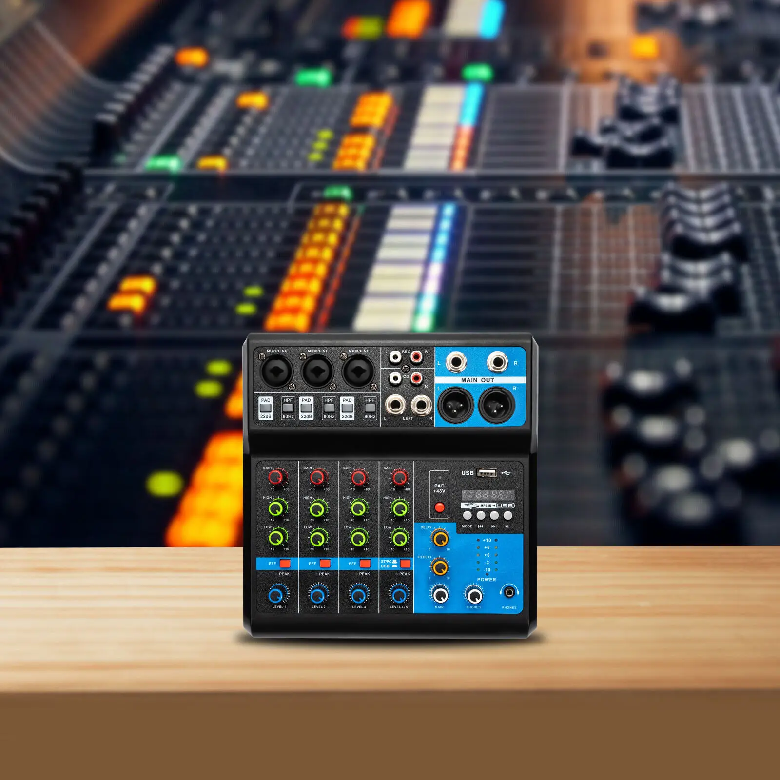 Mini-Audio-DJ-Mixer, Soundboard-Konsolensystem, 5 Kanäle, 48 V Phantomspeisung mit Bluetooth, USB, MP3, Stereo, Live-DJ-Studio Image