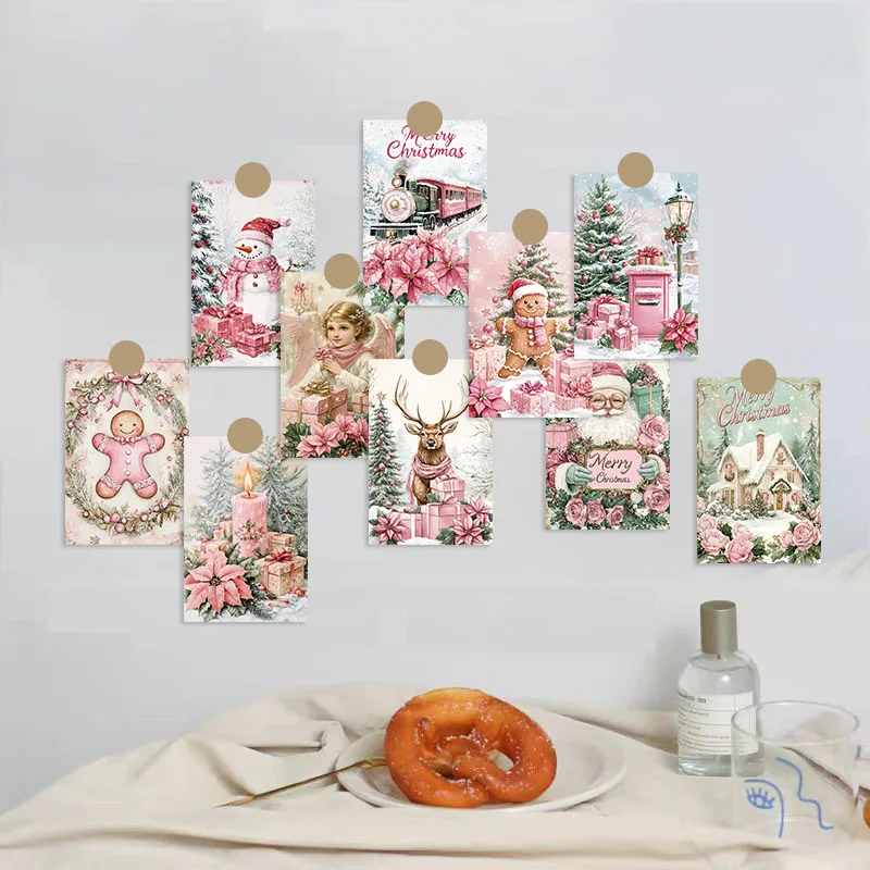 10pcs Vintage Pink Christmas Blessing Cards with Santa Reindeer Merry Christmas Postcard Gift Cards Christmas Tree