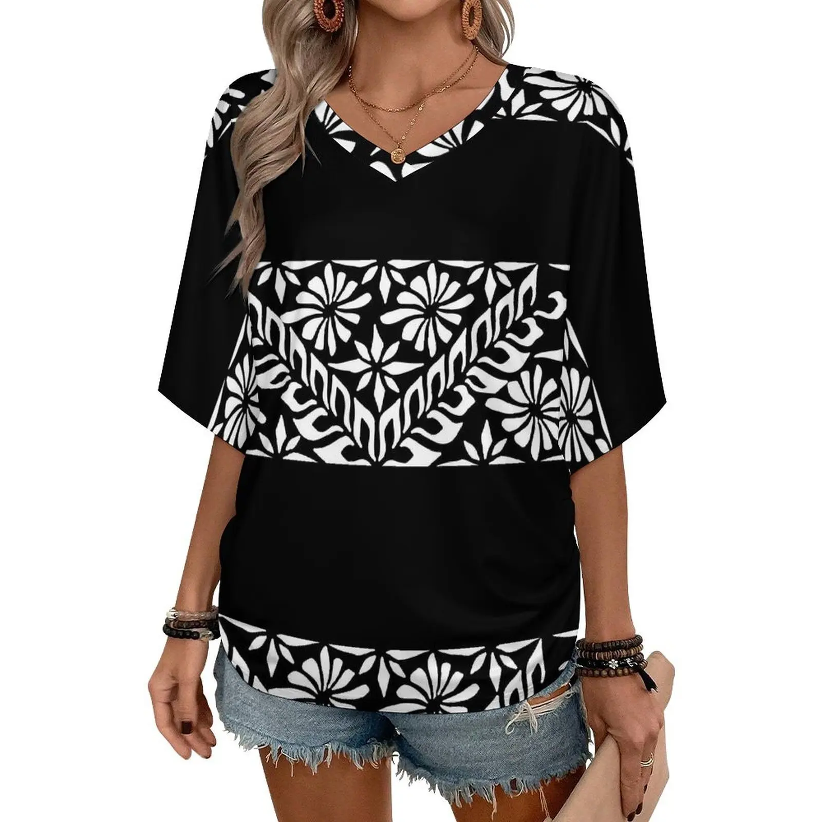Best Sale Price Custom Fashion T Shirt Polynesian Print Design Plus Size Ladies V-neck Short Sleeve T-shirt