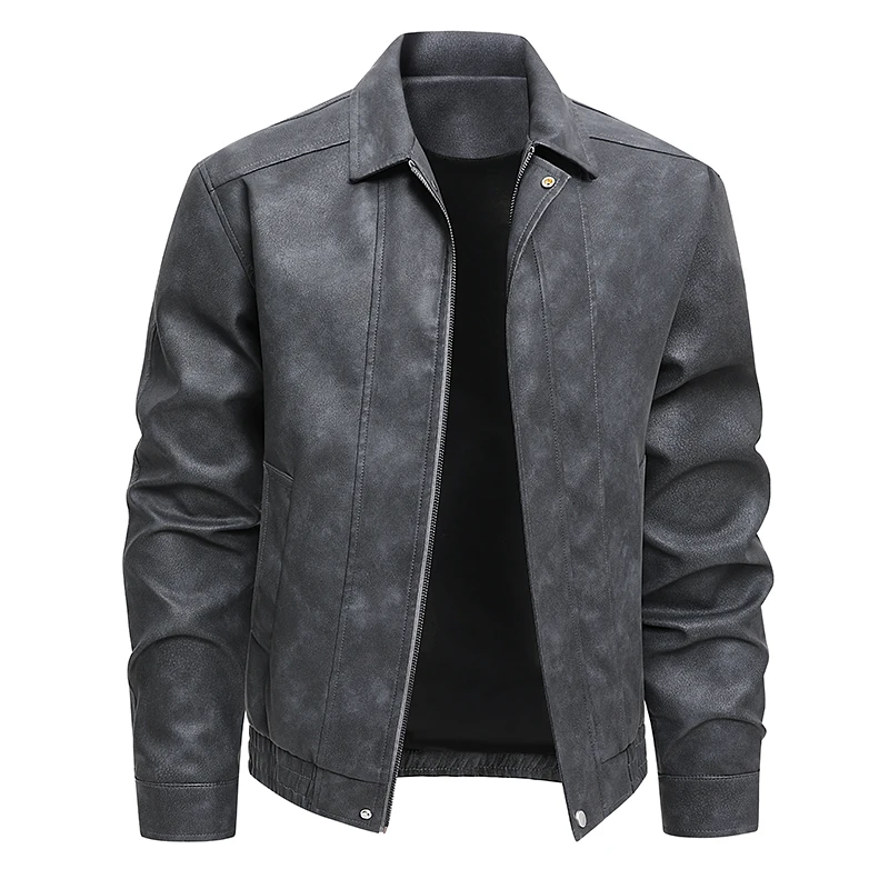 Autunno Uomo Giacca grigio scuro Cappotto da uomo Giacca da moto in pelle Pu Uomo Tinta unita Cerniera Streetwear Cappotti Giacca da motociclista da uomo