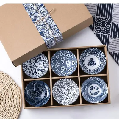 4.5 Inch Bowl, Blue and White Porcelain, Ceramic Rice Bowl Set, Kitchen Tableware, Appetizer Dessert Gift Box