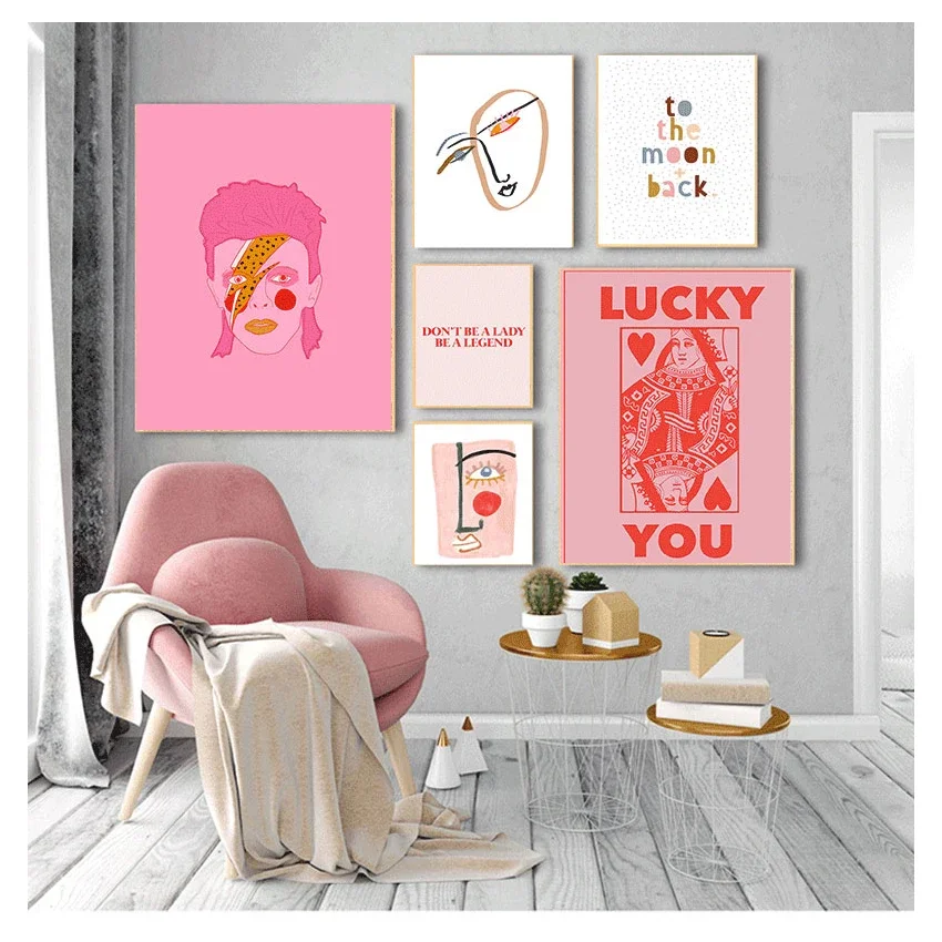Canvas Painting Wall Art Pink Style Letter Lucky You Pictures For Living Room Modern Decorative Nordic Abstract Poster Line Face