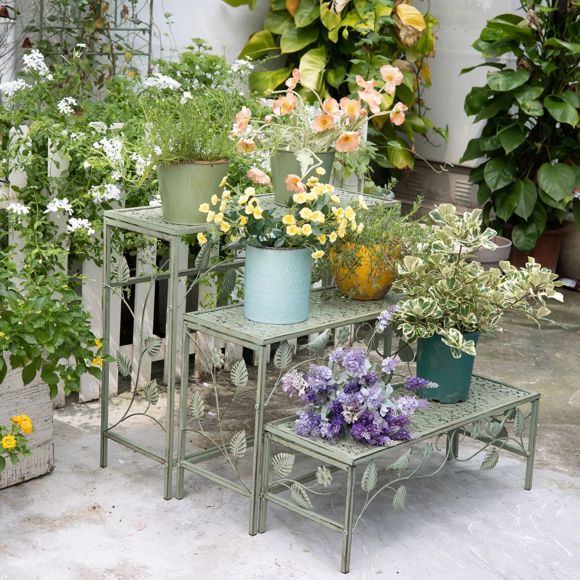 Vintage-Blumenständer in Vogelform aus Schmiedeeisen im amerikanischen Landhausstil für den Innen- und Außenbereich, Garten, Balkon, Innenhof, Blumentopfregal, Regal, Lagerregal Image