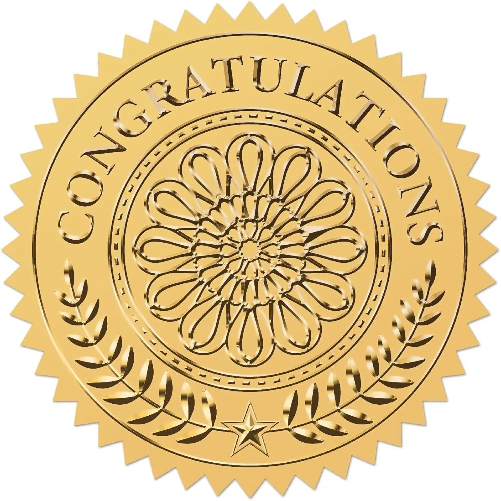 Glückwunsch, Goldfolie, geprägte Aufkleber, Blume, Olivenblatt, Stern, 5,1 cm, selbstklebende Umschläge, Zertifikat, Auszeichnung, Siegel, rund Image