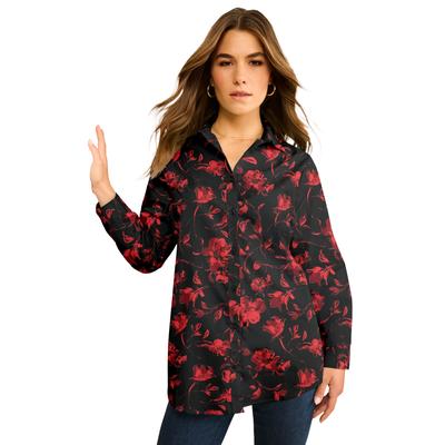 Plus Size Women's Plus Size Kate Long Sleeve Easy Cotton-Blend Button-Front Shirt by Roaman's in Red Sketch Blossoms (Size 44 W) Button Down Shirt Bl