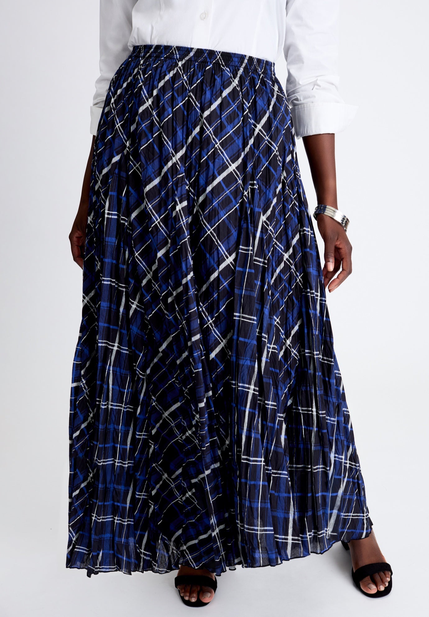 Plus Size Women's Flowing Crinkled Maxi Skirt by Jessica London in Black Sapphire Plaid (Size 12) Elastic Waist 100% Cotton