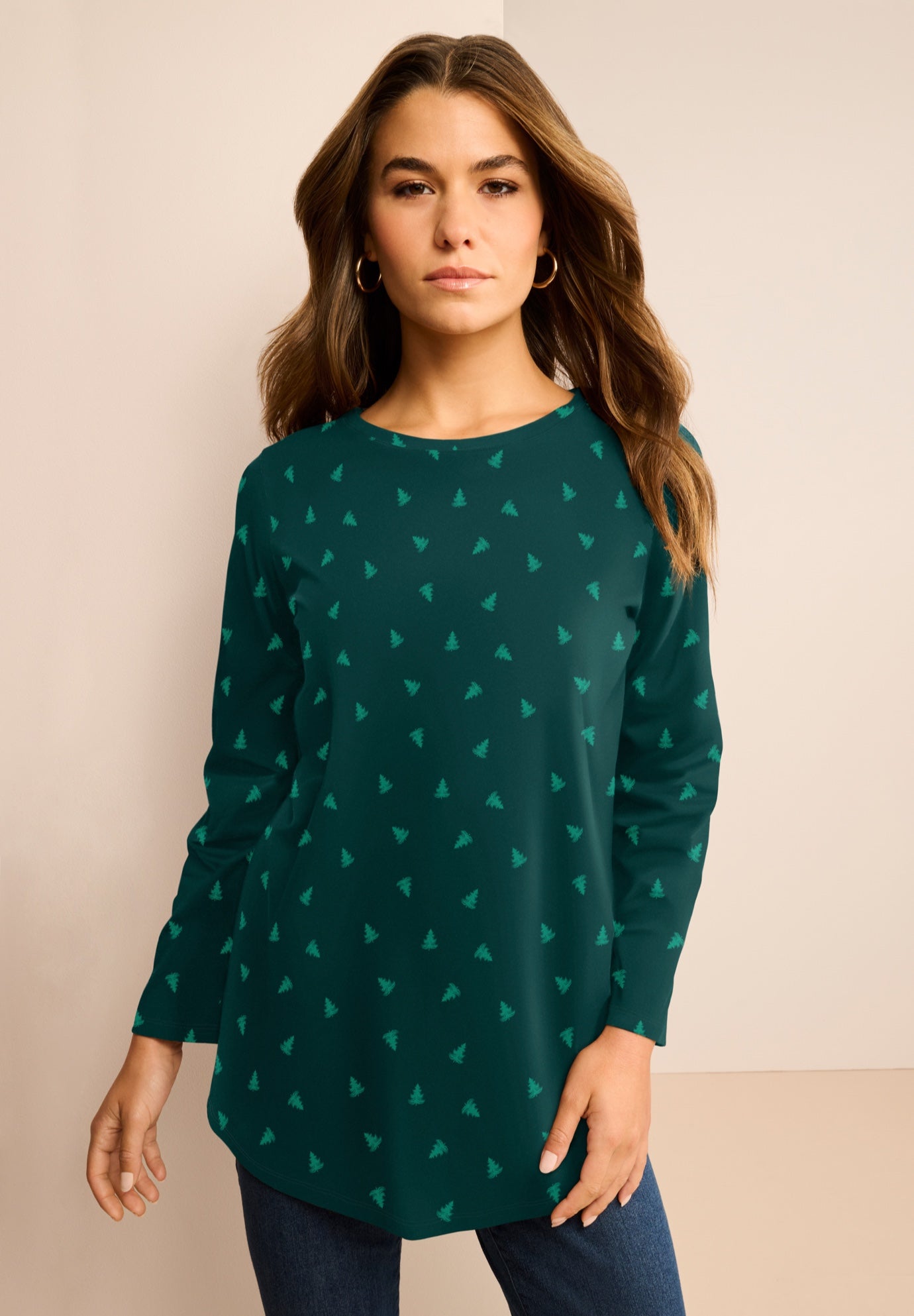 Plus Size Women's Plus Size Cotton Ultimate Long Sleeve Crewneck Tee by Roaman's in Emerald Green Trees (Size 5X) Shirt