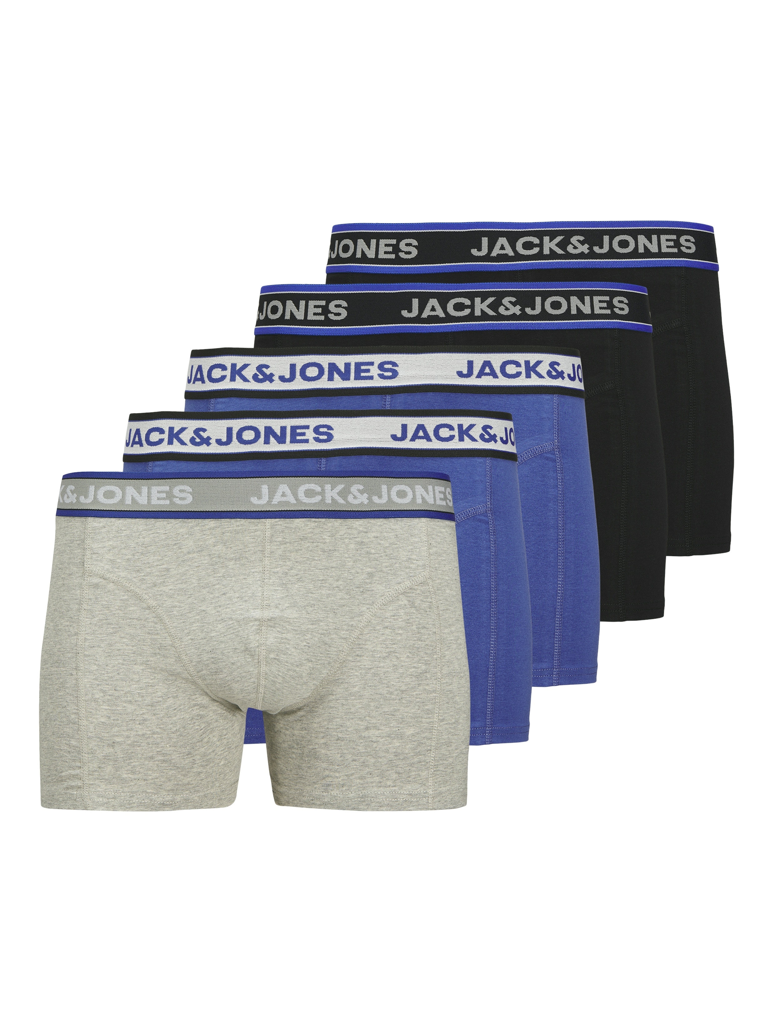 Trunk JACK & JONES JUNIOR "JACCHRISTIAN SOLID TRUNKS 5 PACK JNR", Kinder, Gr. 152, schwarz (schwarz pack:light grau melange, dazzling blau), Jersey, Obermaterial: 95% Baumwolle, 5% Elasthan, meliert, bequem, Unterhosen Image