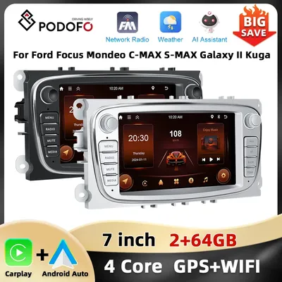 Podofo 7'' Android Multimedia Player for Ford Focus Mondeo C-MAX S-MAX Galaxy II Kuga GPS Navigation 2+64G Carplay Android Auto