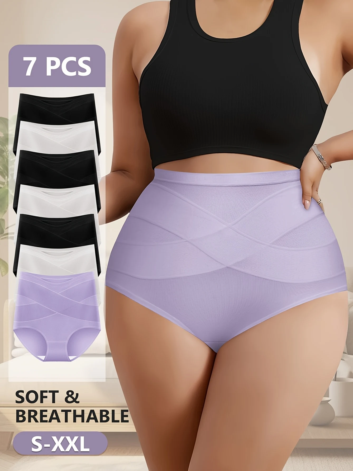 7er-Pack Damen-Slips mit hoher Taille, Bauchkontrolle, Po-Lifting, weiche, atmungsaktive Unterwäsche – Cross-Back-Design, 3 Farben (Bl). Image