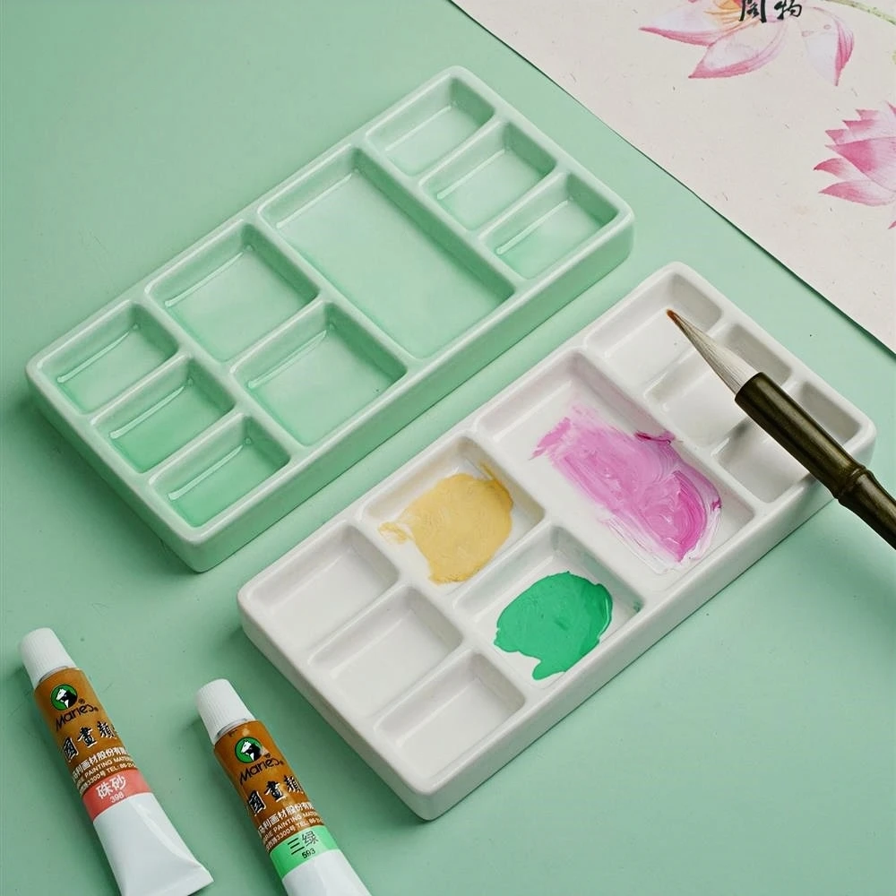 Keramik-Palette mit mehreren Fächern, chinesische Tinte, Aquarell-, Öl- und Gouache-Farbpaletten. Mehrzweck-Porzellanteller Image