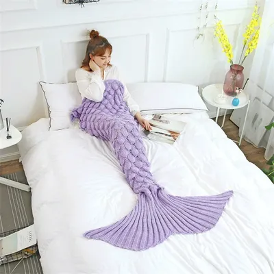 Super Soft Handmade Crochet Mermaid Tail Blanket for Kids & Adults - Faux Cashmere Yarn Knitted Bed Wrap Cozy Throw Bedding Gift