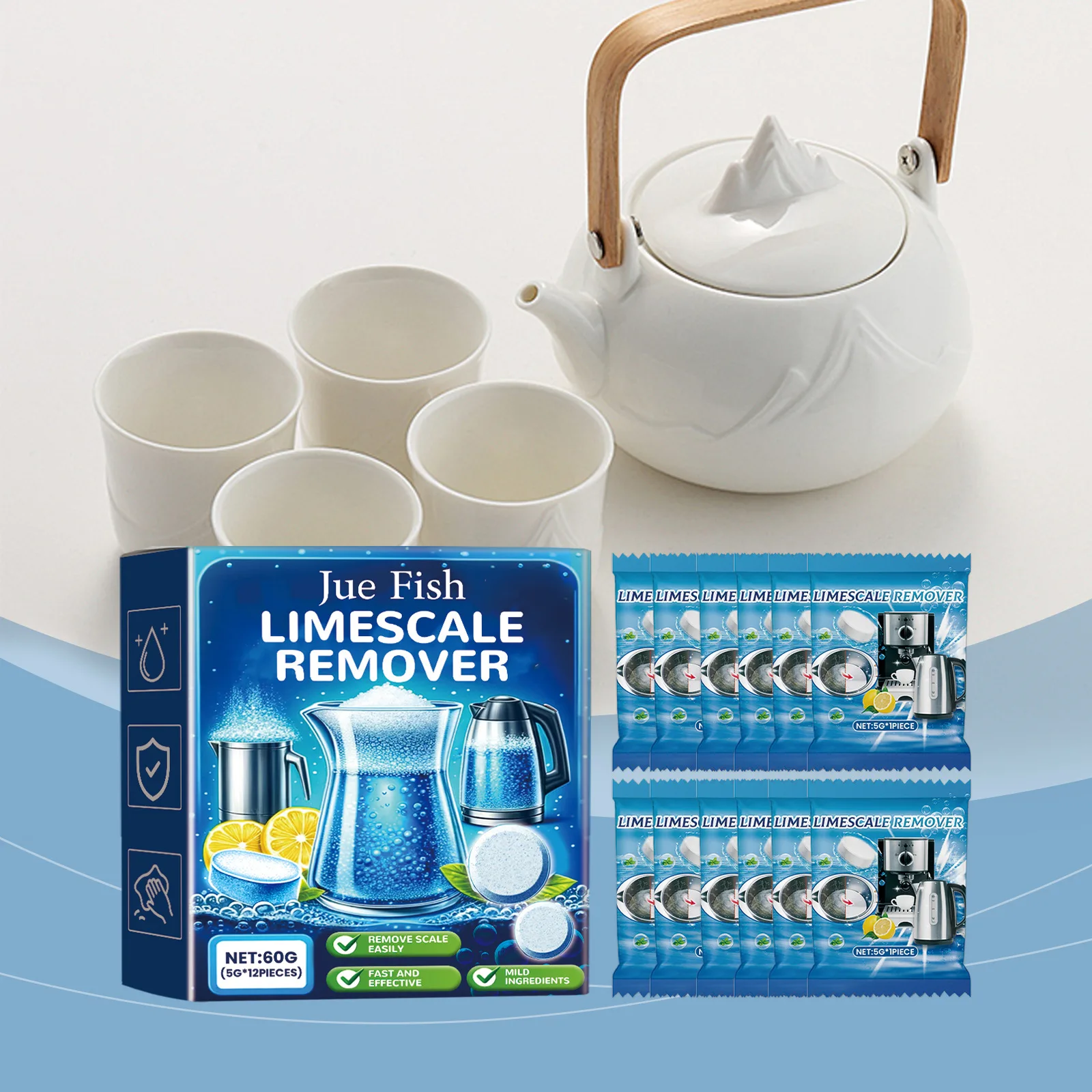 Skala-Reinigung, Brause-Blatt, zum Auflösen von Skala und Kalziumablagerungen, Kalk-Entferner, Zitronenwaage-Entfernung, Reinigungsblatt, 60 g Image