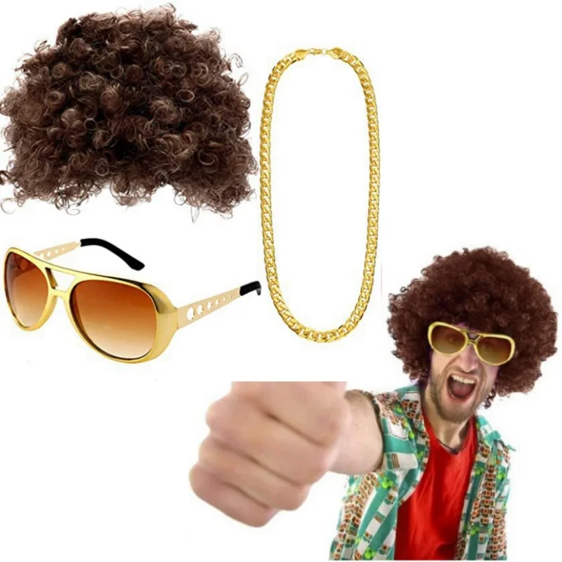 Herren Synthetische Perücke Hut Set Lockiges Haar Sonnenbrille Halskette Lustige Disco Hippie Haar Party Hip Hop Tanz Kostüm Requisiten Kostüm