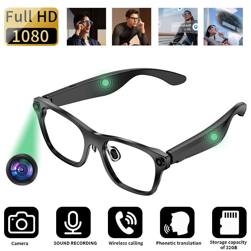 1080P WiFi-Übertragung, intelligente Brille, Aufnahme von Videos, KI, Fotoerkennung, Antwortübersetzung, 220-mAh-Akku, Bluetooth-Brille Image