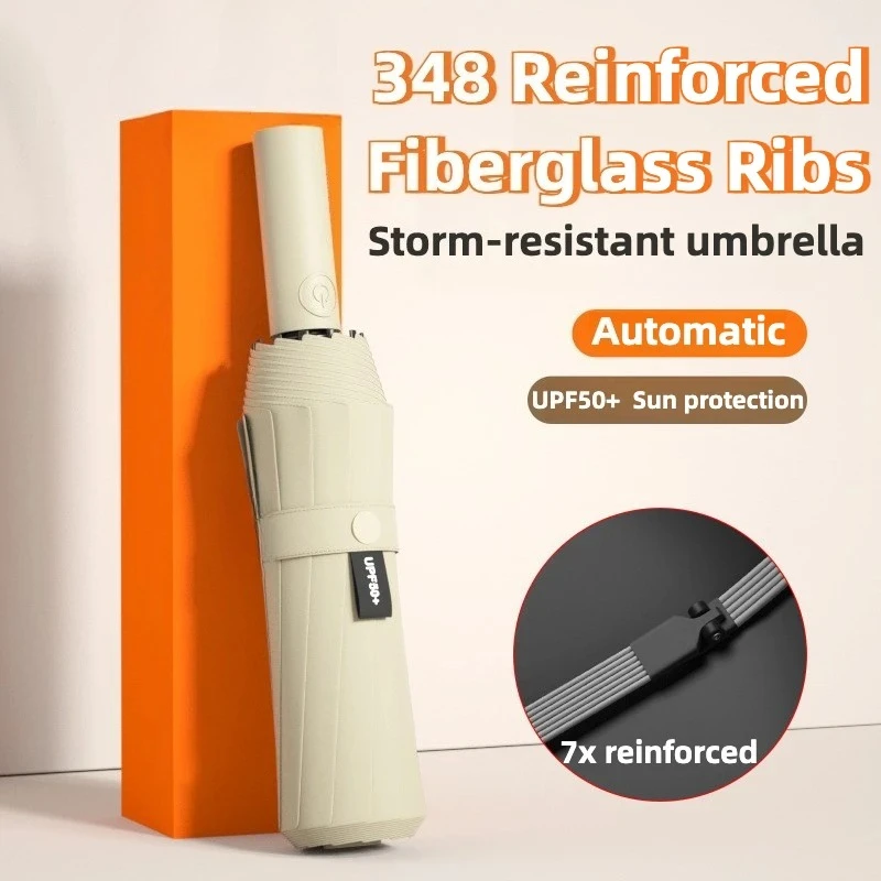 Verstärkter automatischer Regenschirm mit 348 Rippen, wind- und sturzsicher, Sun UPF 50+ Schutz, faltbare Regenschirme für Männer und Frauen Image