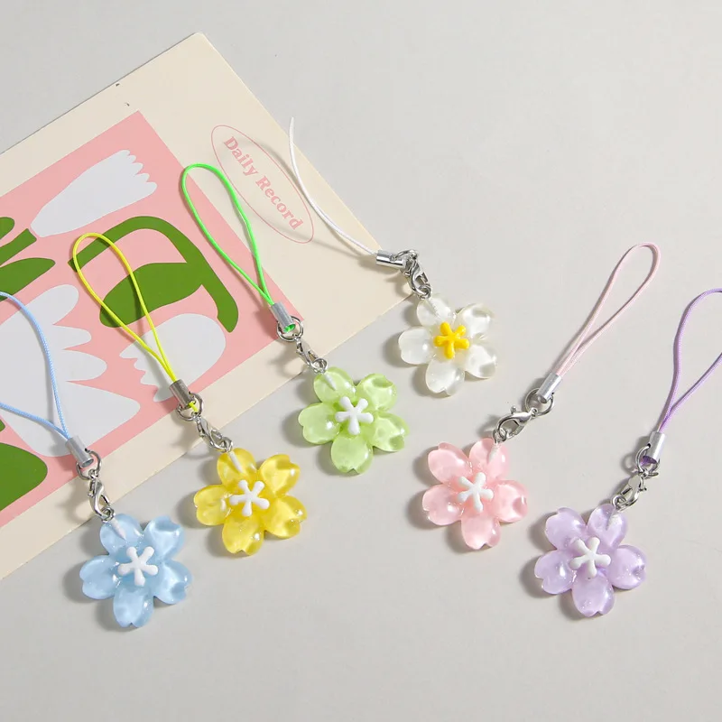 Bunter Kirschblüten-Schlüsselanhänger aus Kunstharz für Frauen, süßes Handy-Lanyard, niedliche Schlüsselanhänger, Schmuck, Ornament, Mädchen-Geschenk Image