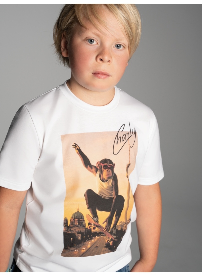T-Shirt TRIGEMA "TRIGEMA T-Shirt trigema Affe Charly Skateboard", Jungen, Gr. 152, weiß, 100% Baumwolle, Basic, Shirts T-Shirt