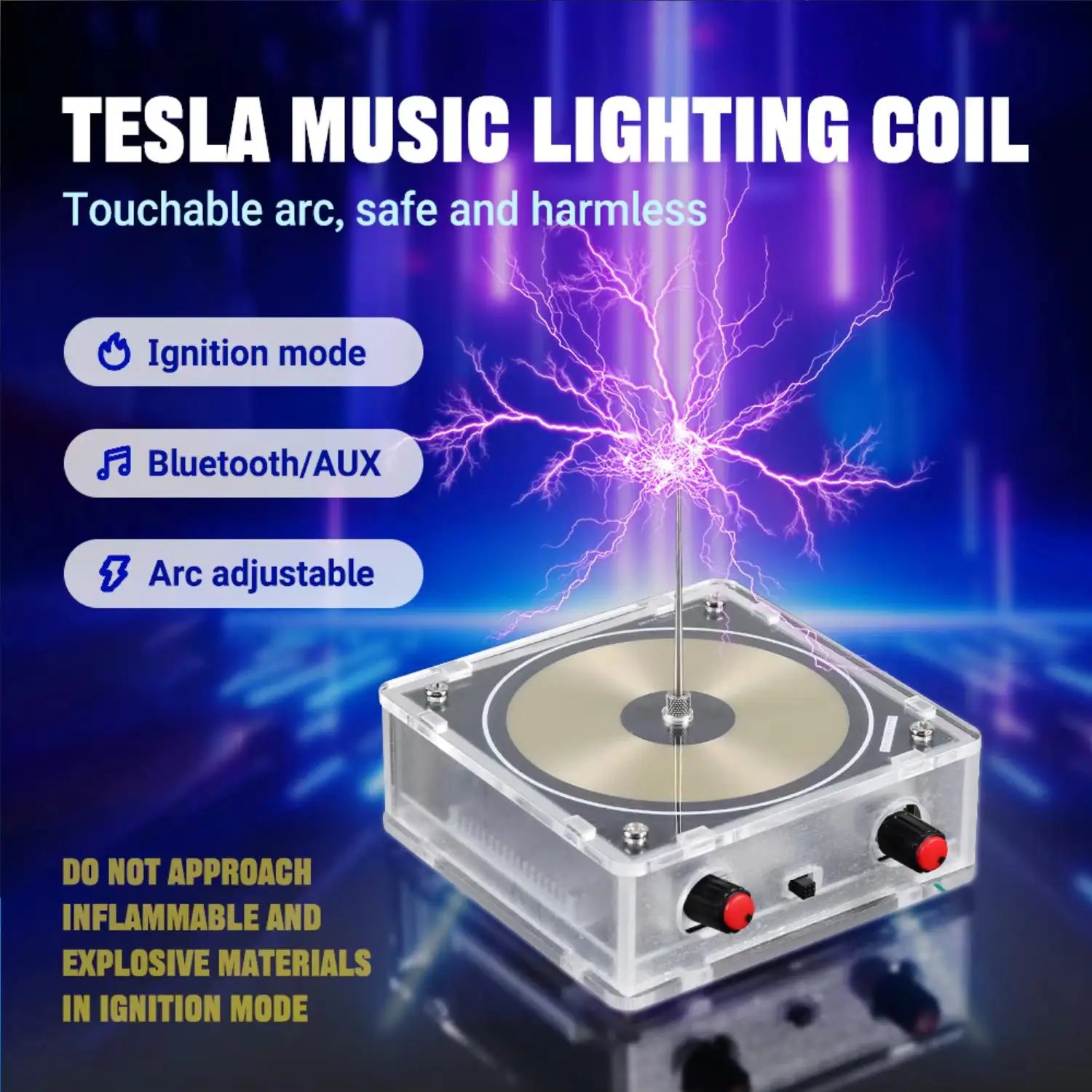 Künstliche Blitz-Tesla-Spule mit berührbarem Lichtbogen, Bluetooth/AUX-Hochfrequenz-Impulsgenerator mit zwei Eingängen für STEM-Experimente Image
