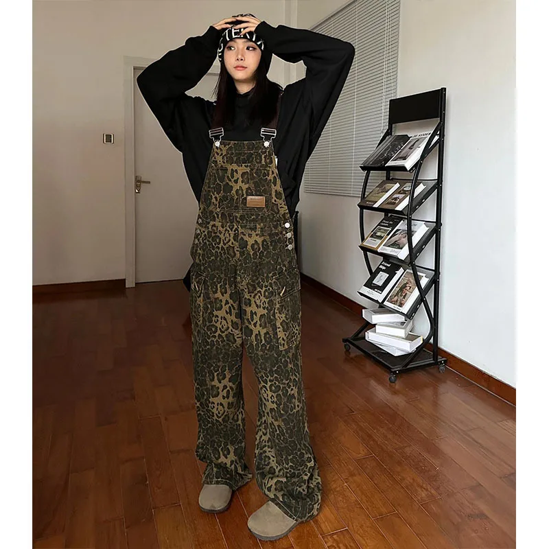 Damen-Jeans-Overalls mit Leopardenmuster, Retro-Streetwear, weites Bein, gerade Mop-Hosen, lässige Denim-Strampler mit mehreren Taschen Image