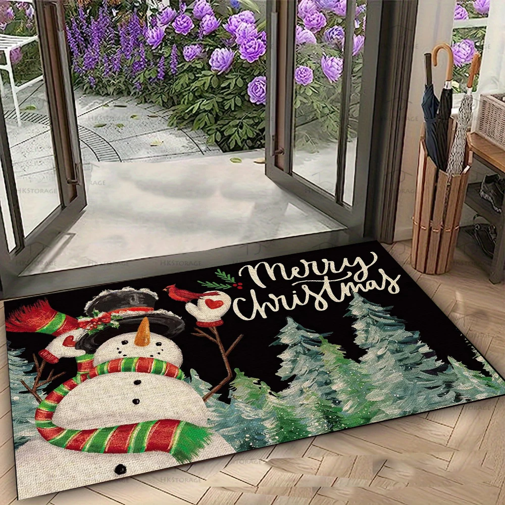 Rechteckiger Teppich mit Weihnachtsmotiv, festlicher Schneemann, Weihnachtsmann-Hirschmuster, perfekt für die Dekoration von Ferienhäusern, rutschfeste, langlebige Fußmatte Image