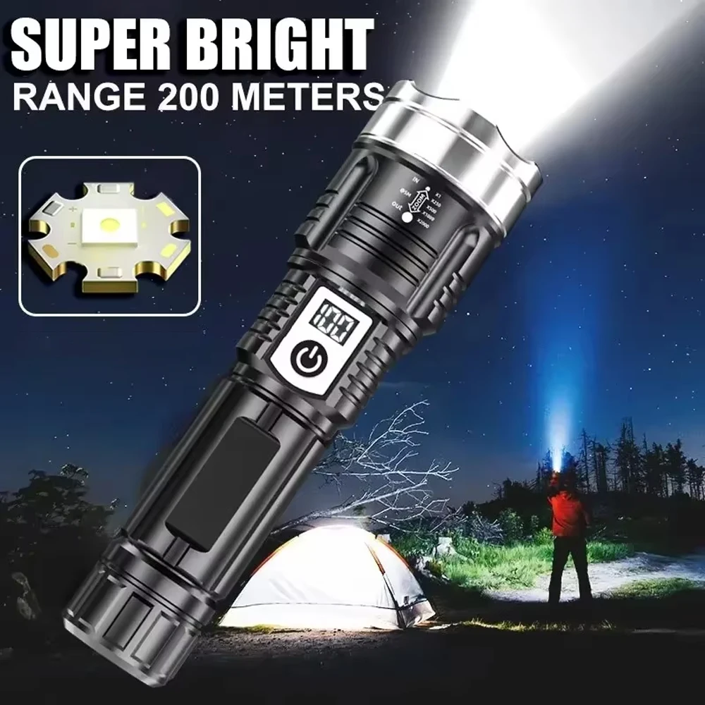 Superhelle LED-Taschenlampe, wiederaufladbare USB-Taschenlampe, Teleskop-Zoom, leistungsstarke Handlampe für den Außenbereich, Erkunden Sie den Notfall, wasserdicht Image