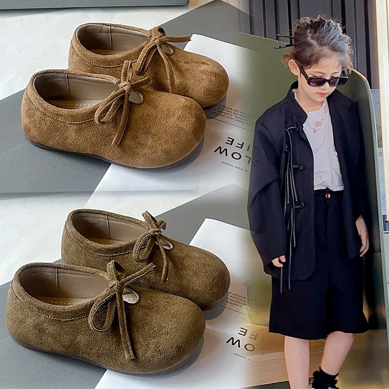 Frühling Herbst Samt PU Leder Schuhe Bogen Mädchen Flacher Mund Atmungsaktive Nicht-slip Casual Schule Student Loafer Image