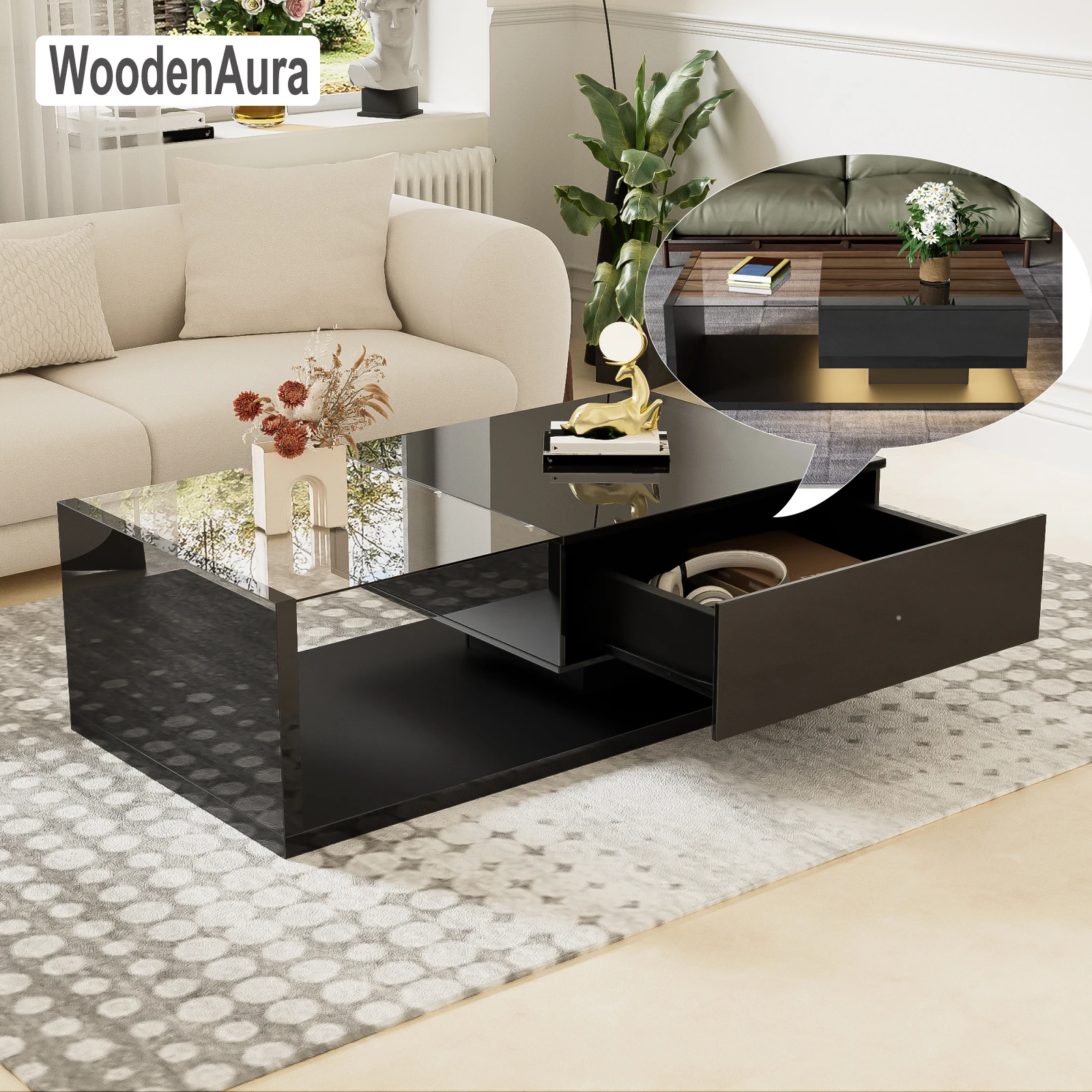 Couchtisch mit LED-Leuchten und Schublade, Hochglanz-Wohnzimmertisch mit offenem Stauraum, 105 x 55 x 32,5 cm Image