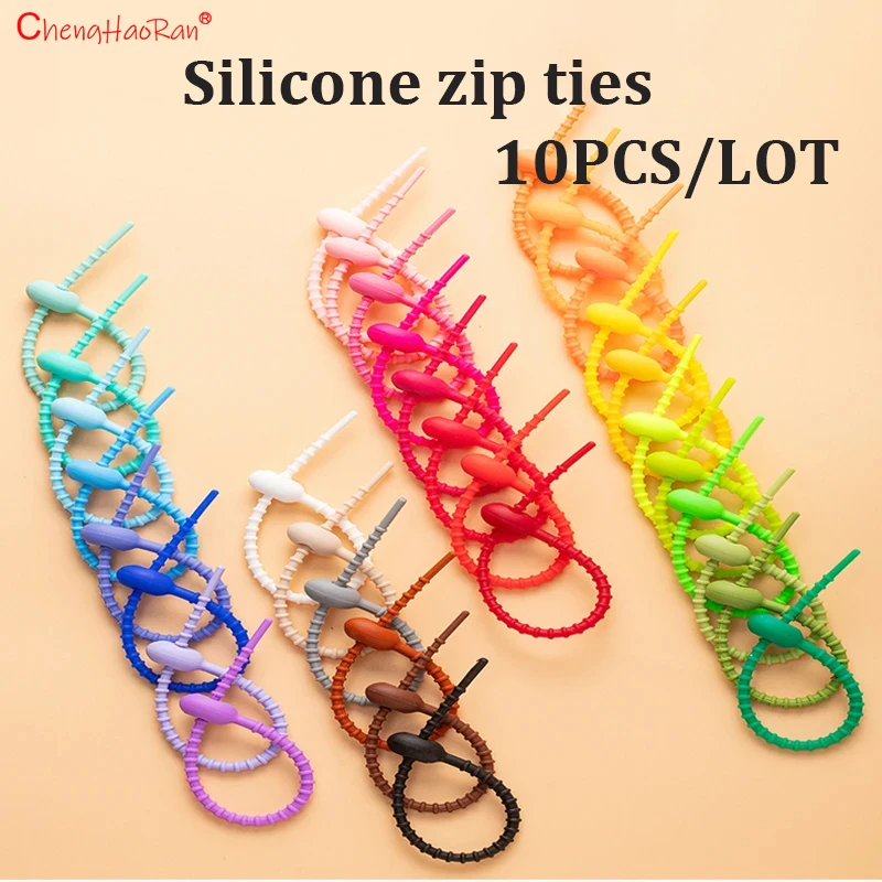 10 Stück Silikon-Kabelbinder können wiederverwendet werden. Lebensmittelversiegelungs-Kabelbinder können zur Befestigung von Kabeln, Reißverschlüssen, am Kopf montierte Datenkabeln, Universa verwendet Image