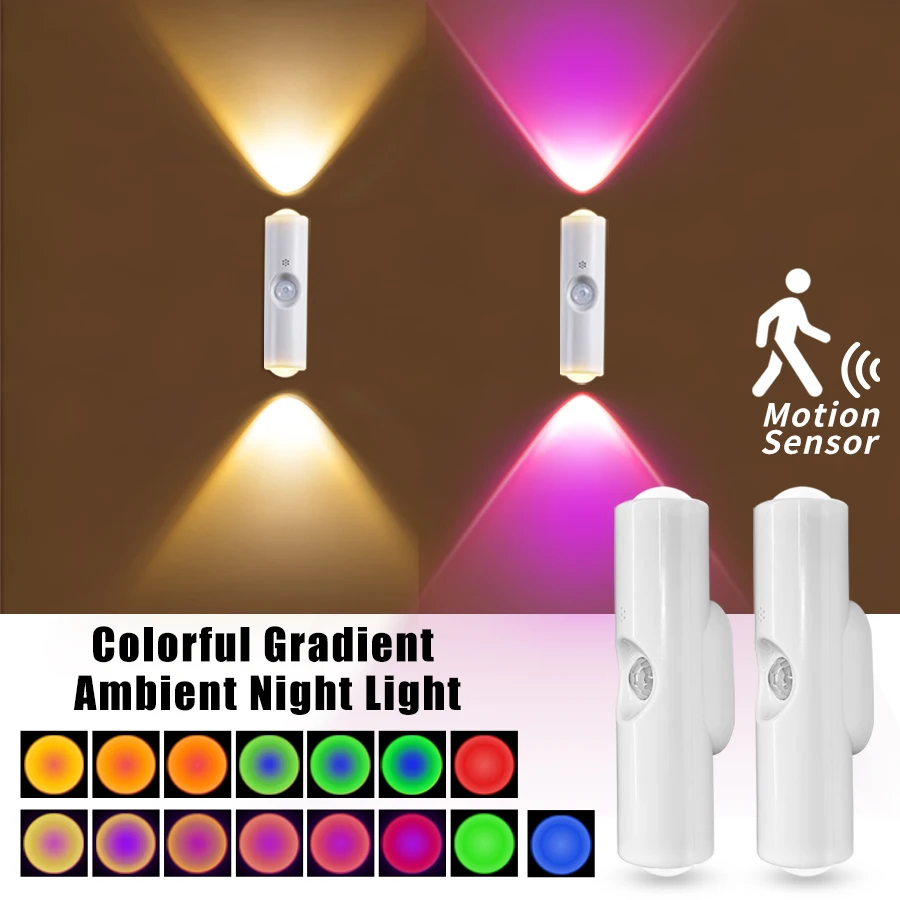 Intelligente RGB-Wandleuchte mit Farbverlauf, Bewegungsmelder, magnetisch, wiederaufladbar, Wand-Sonnenuntergangslampe für Schlafzimmer, Schrank, Garten, Raumdekoration