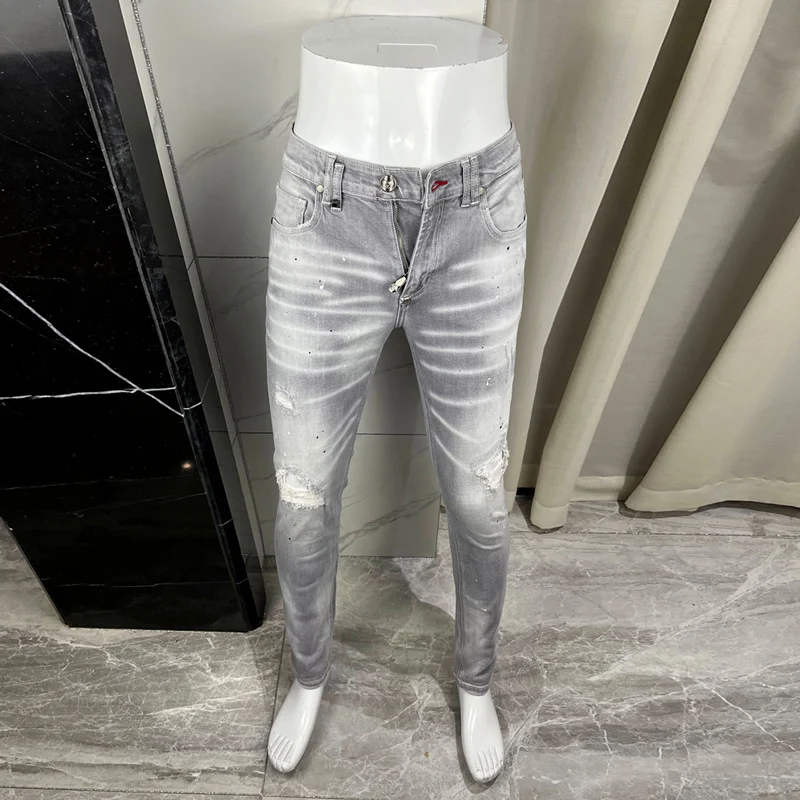 Straße Designer Mode Männer Jeans Hohe Qualität Retro Grau Stretch Slim Fit Gepatcht Zerrissene Jeans Männer Marke Vintage Denim Hosen