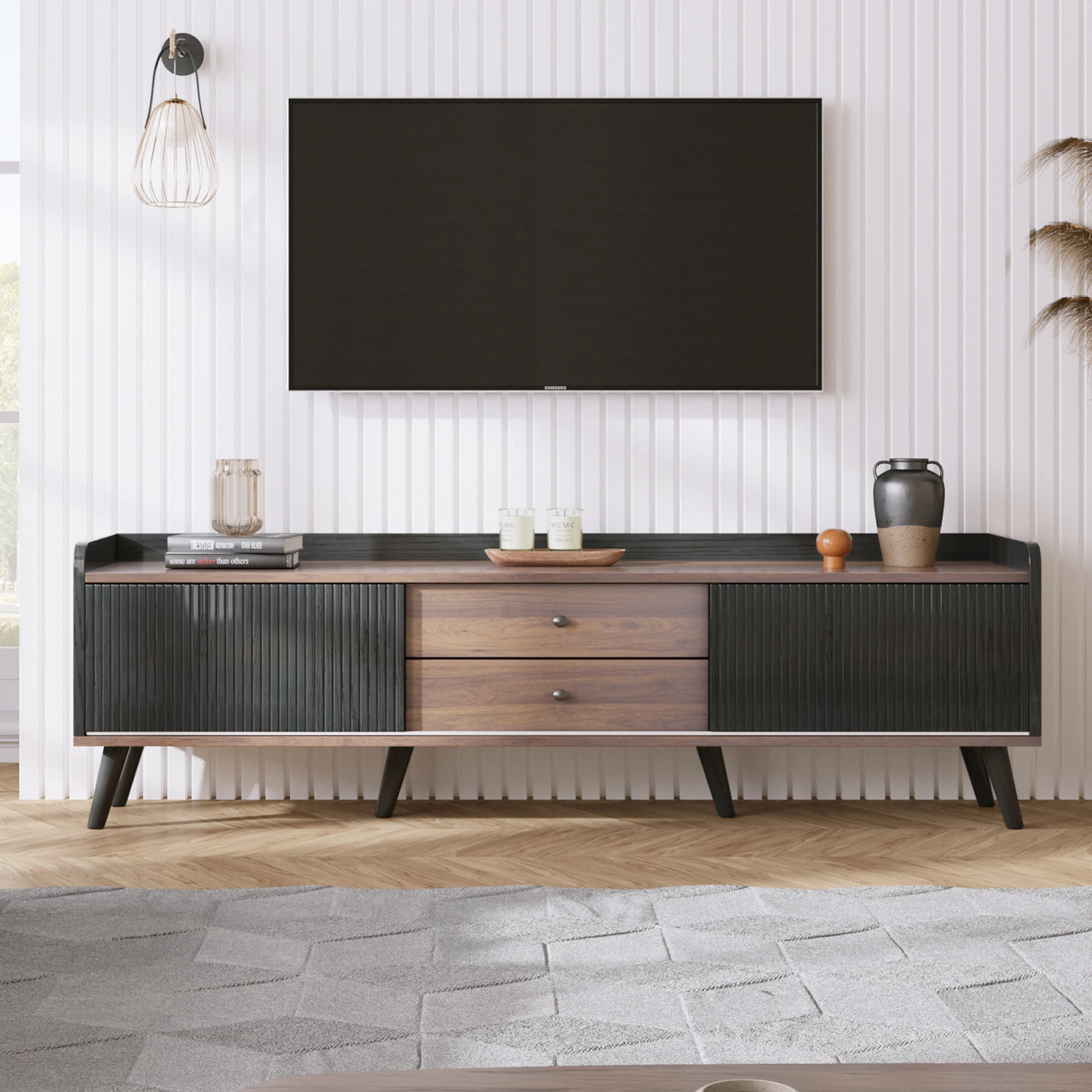 Anajqaqia Meuble TV moderne 160 x 40 x 58 cm, meuble latéral, meuble de rangement, meuble bas avec 2 tiroirs, texture élégante