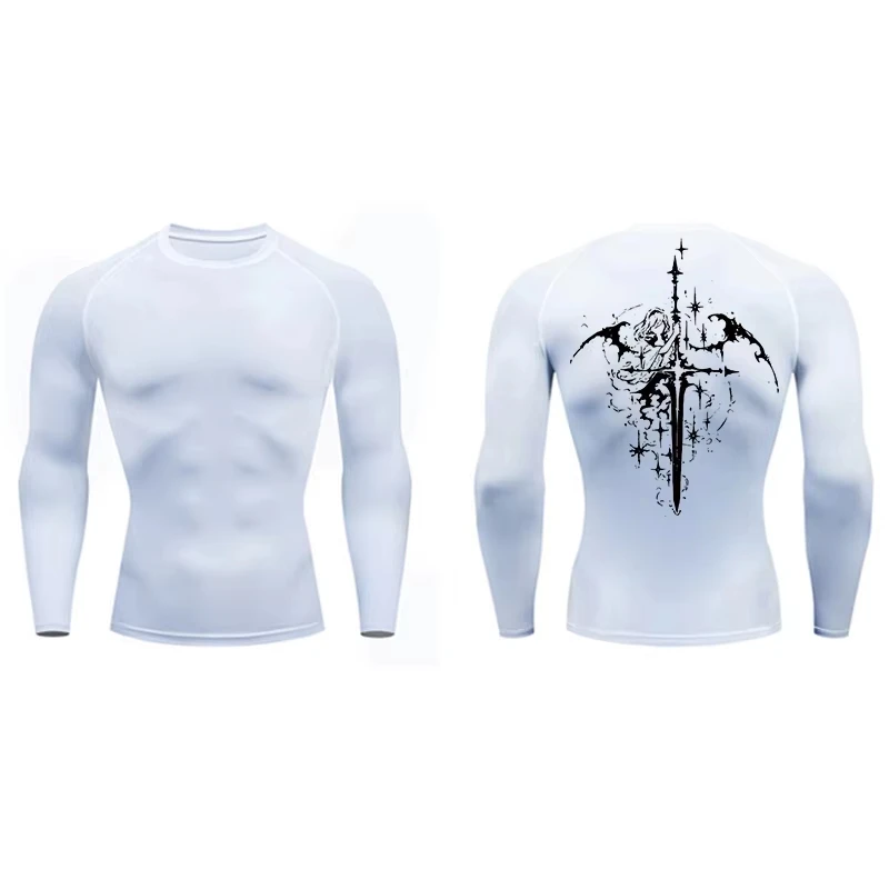 Langärmliges Kompressionsshirt für Herren mit Grafikdruck, sportliches, schnell trocknendes T-Shirt für Training im Fitnessstudio und Laufen RL0552 Image