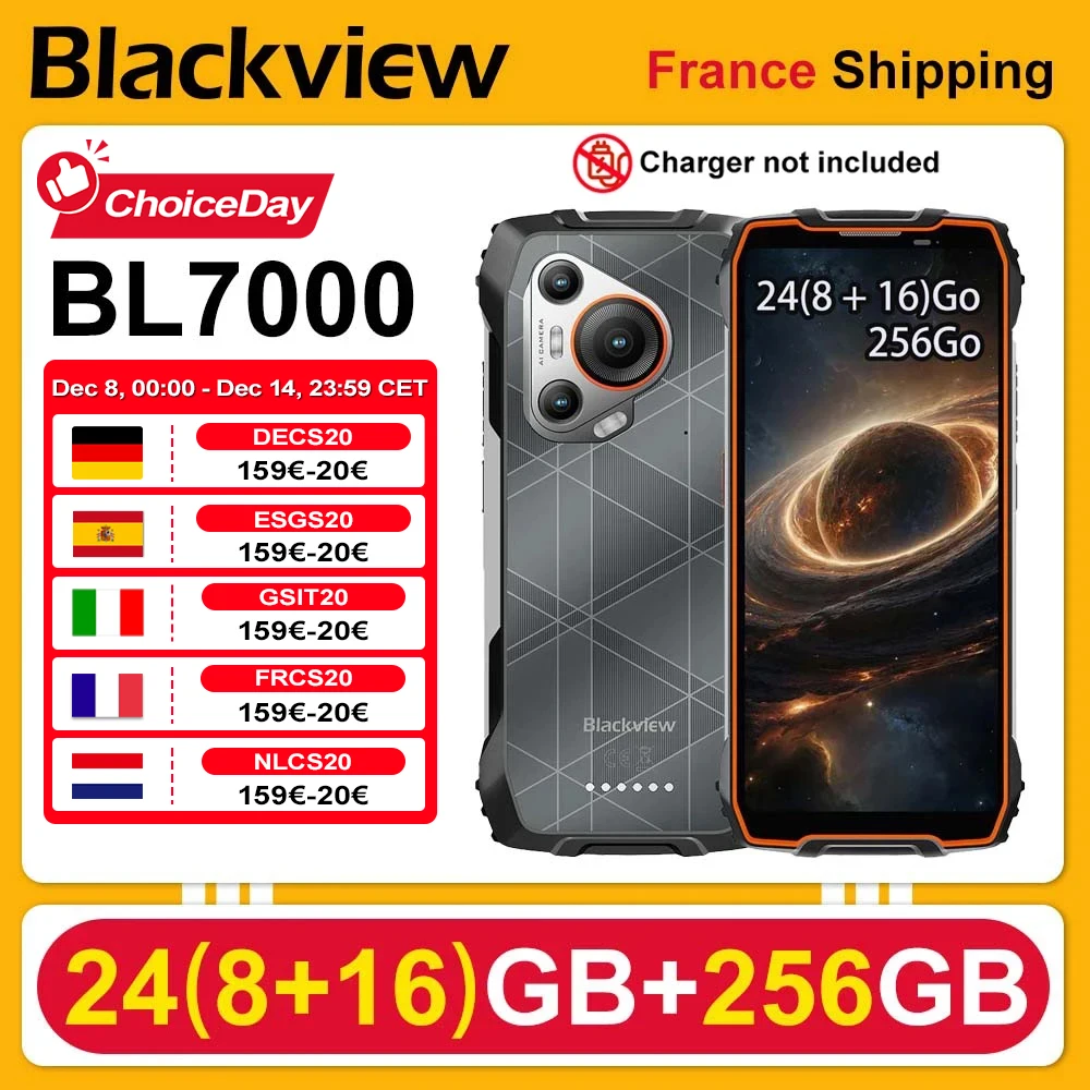 Smartphone robuste Blackview BL7000 5G AI (sans prise EU) Android 15, 24 (8 + 16) Go, 256 Go, écran 6,78 pouces, 120 Hz, batterie 7 500 mAh, 33 W, NFC