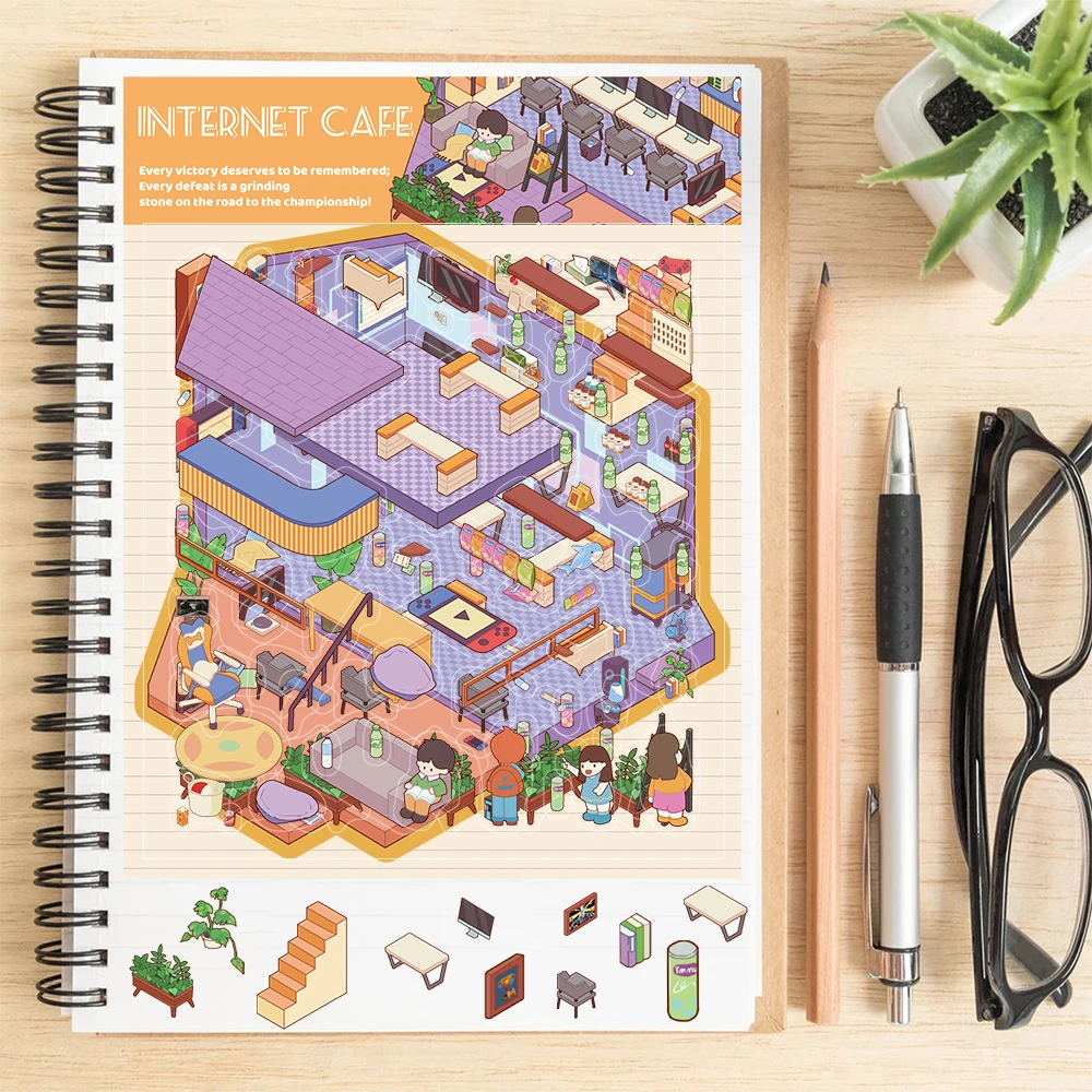 3PCS Internet Cafe Nacht Landschaftsbau Szene 3D Aufkleber Harajuku Ästhetische Skateboard Fahrrad Kaffee Moderne Wand Zimmer Aufkleber