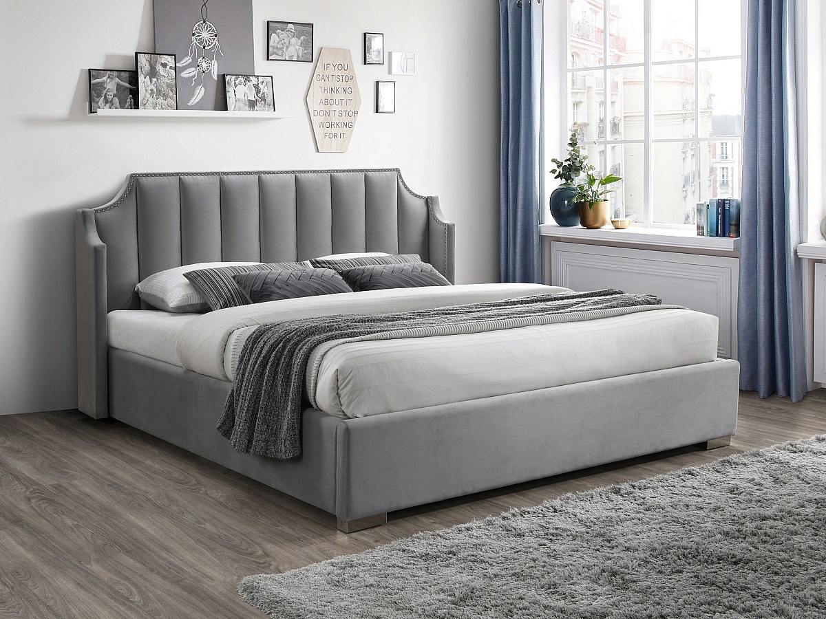 Letto con contenitore 180 x 200 cm con testata letto curva Velluto Grigio - TEOMIS